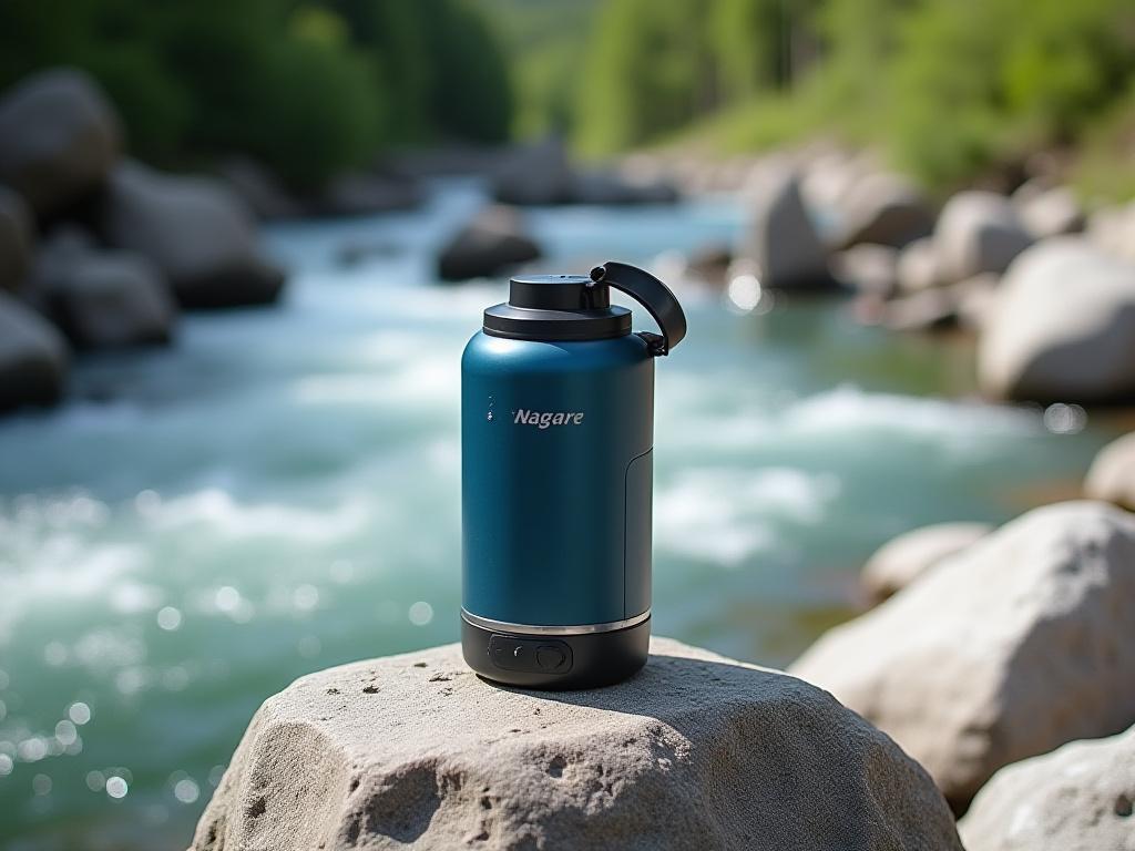 川の隣の岩の上に置かれたNAGAREポータブル浄水器。