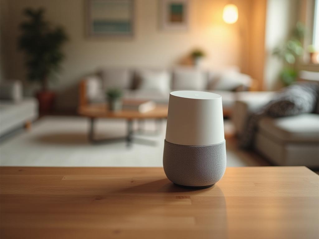 リビングルームの木製テーブルに置かれたAURAスマートスピーカー。