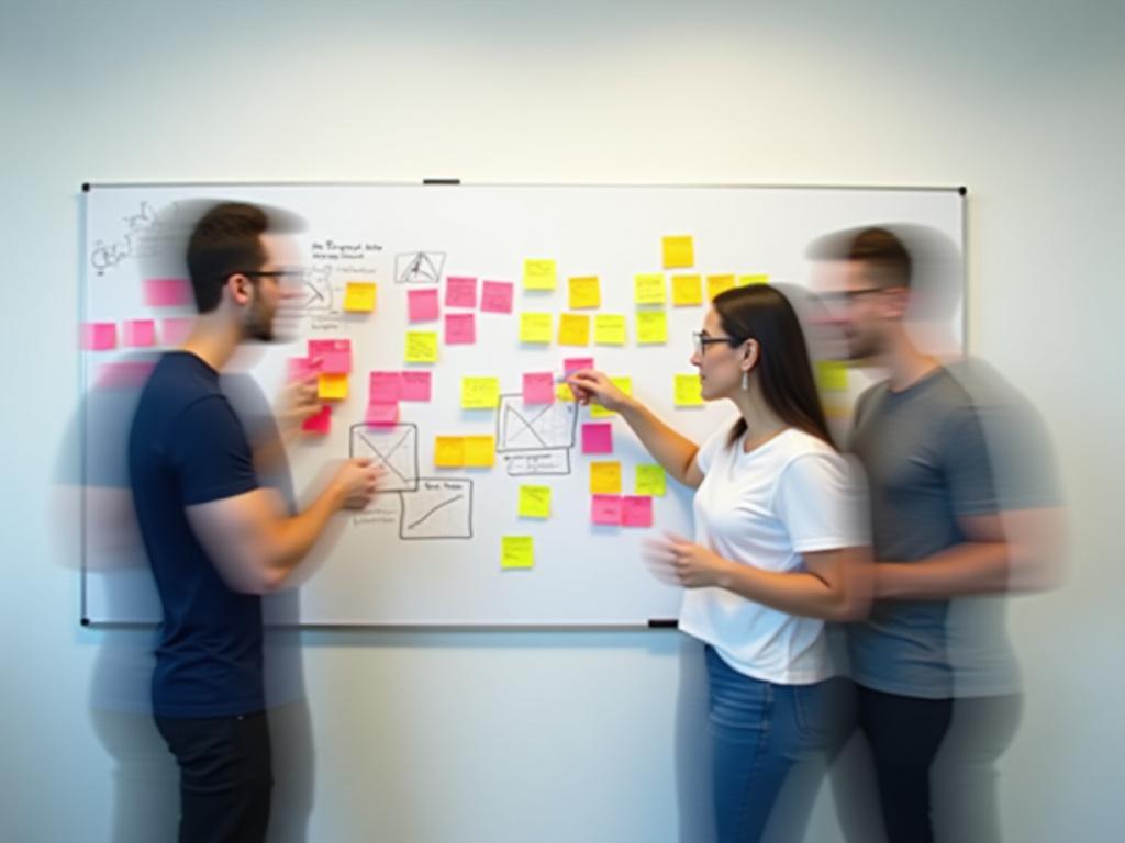 付箋でアイデアがマッピングされたホワイトボードの前で議論するデザインチーム。