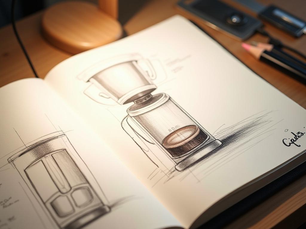 新しいコーヒーメーカーのデザインスケッチが描かれたノートブック。